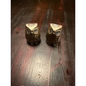 Vintage 2"Silver Tone Owl Salt and Pepper Shakers Set Blue Jewel Eyes